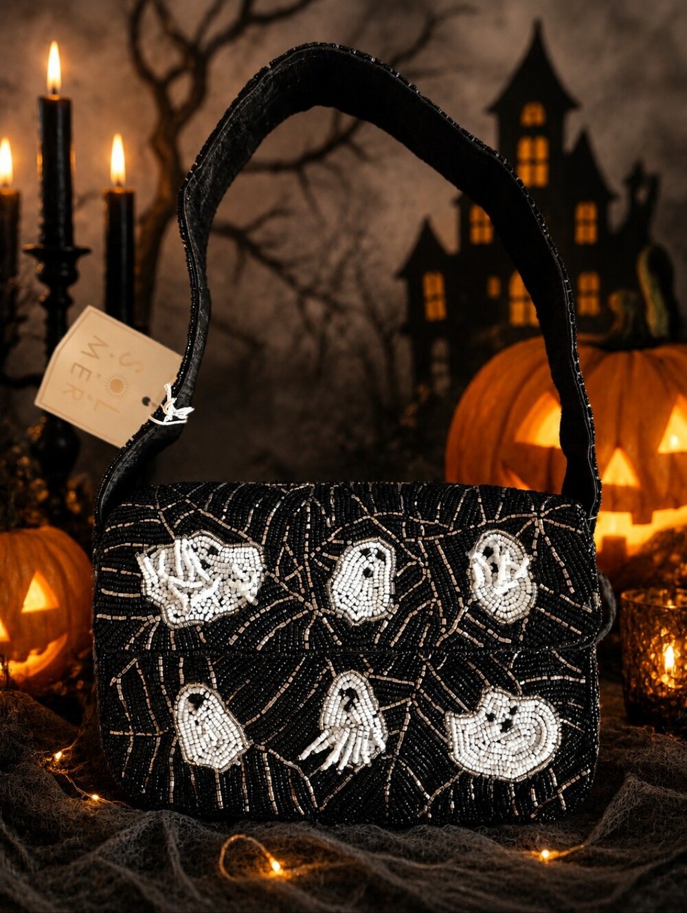Sol & Mer Viral New Black Beaded Ghosts Shoulder Bag & Halloween Accessories NWT